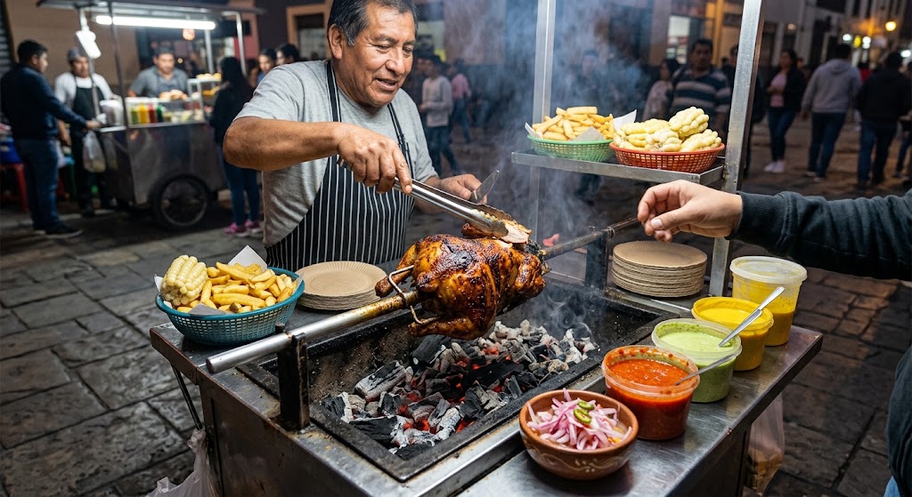 Peruvian Pollo a la Brasa roasted chicken with crispy skin, served with fries and aji sauce