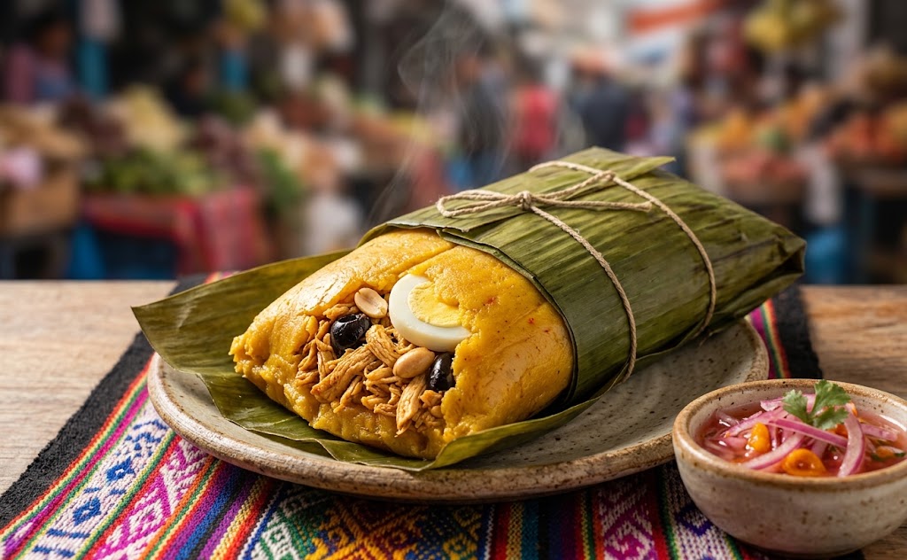 Peruvian tamales wrapped in banana leaves, filled with chicken and served warm