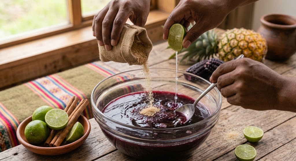 add sugar and lime in purple corn drink