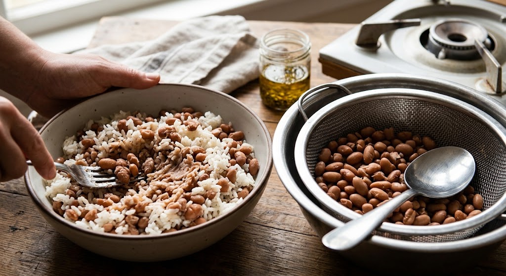 cooked rice and cooked beans.