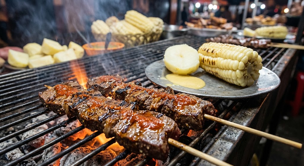 Anticuchos skewers grilling over charcoal, marinated beef heart with smoky char marks