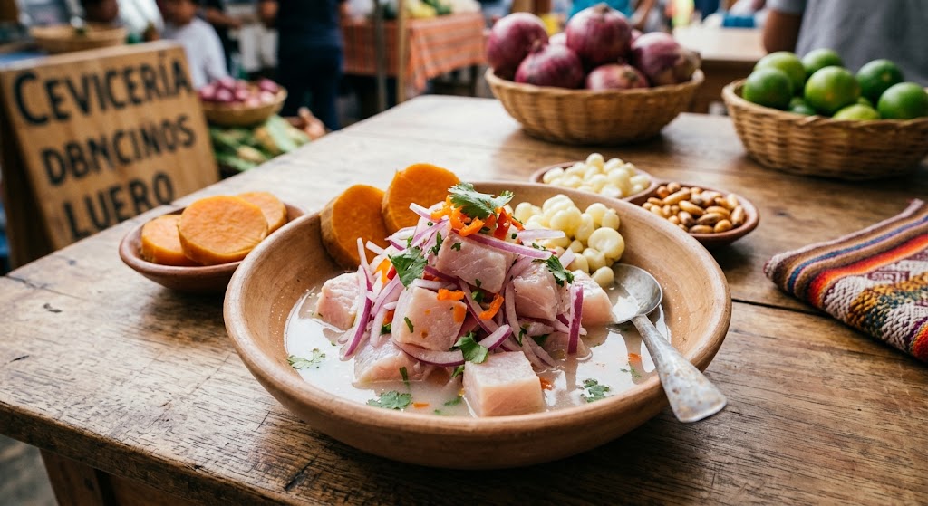 Ceviche  It is made with fresh raw fish that is cut into pieces and mixed with lime juice, red onion, ají, and seasonings.