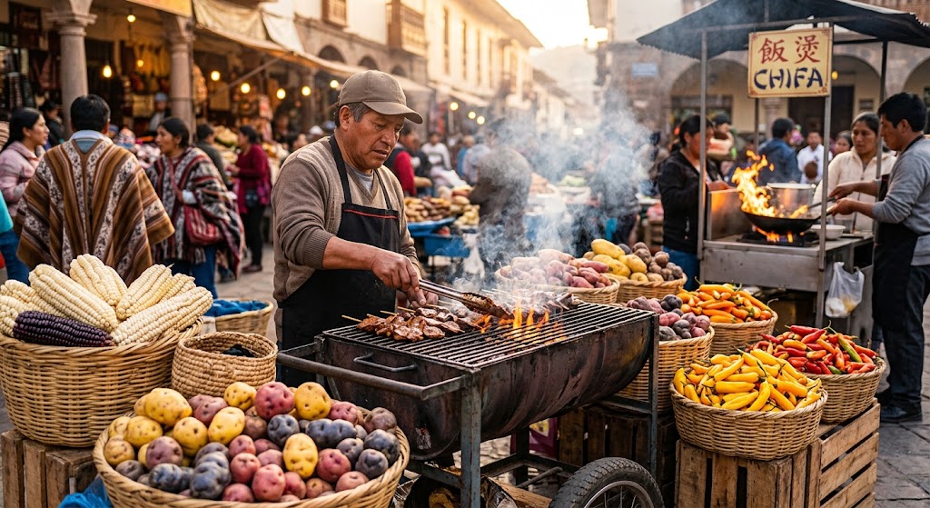 Peruvian street food vendor grilling skewers surrounded by fresh corn, native potatoes, and chili peppers reflecting cultural food influences