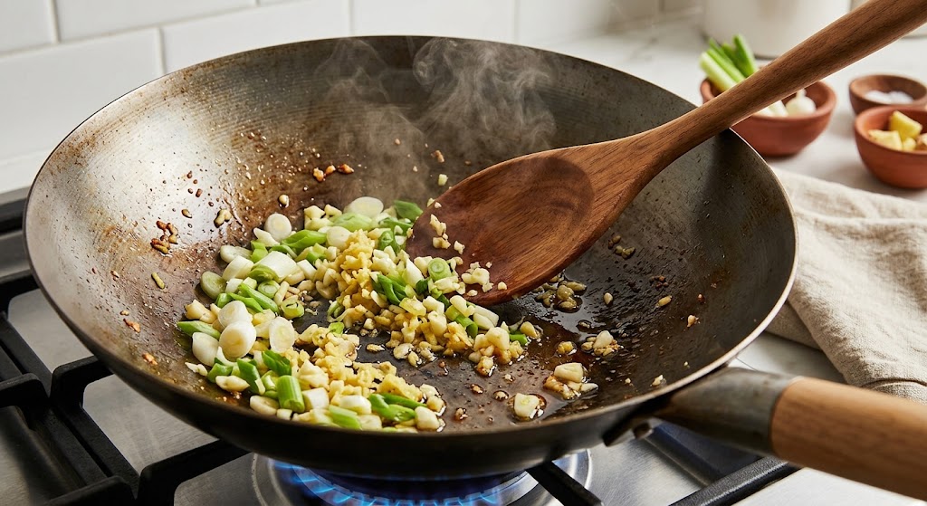  chopped garlic, ginger, and the white parts of the green onion