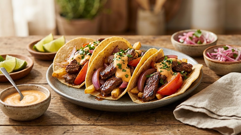 Lomo Saltado Tacos with special sauce