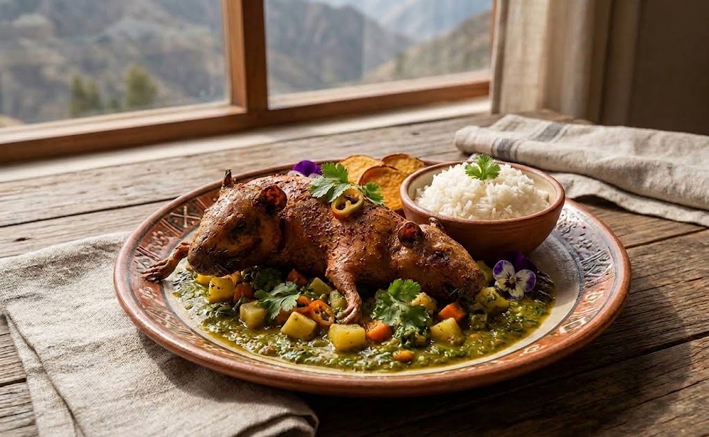 Picante de cuy is a traditional Andean dish made with guinea pig