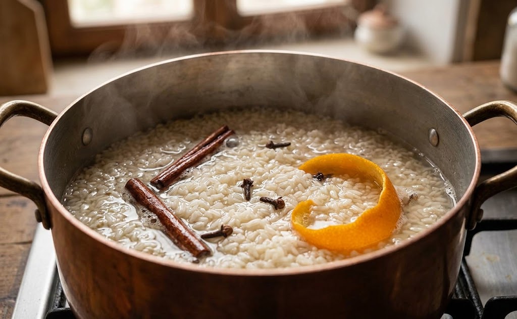  rice, cinnamon stick, cloves, and orange or lemon peel.