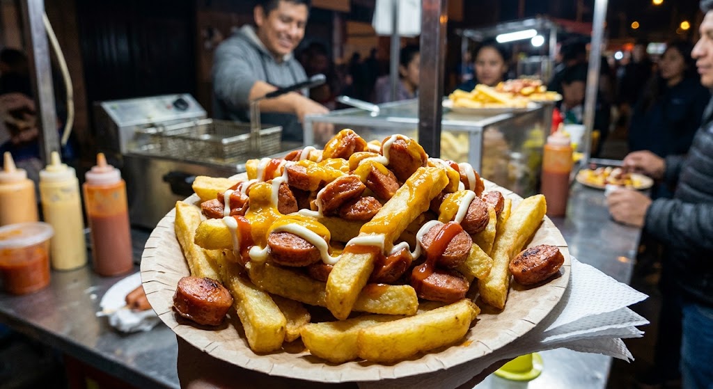 Salchipapas street food with crispy fries and sliced sausage topped with ketchup, mayo, and spicy sauce