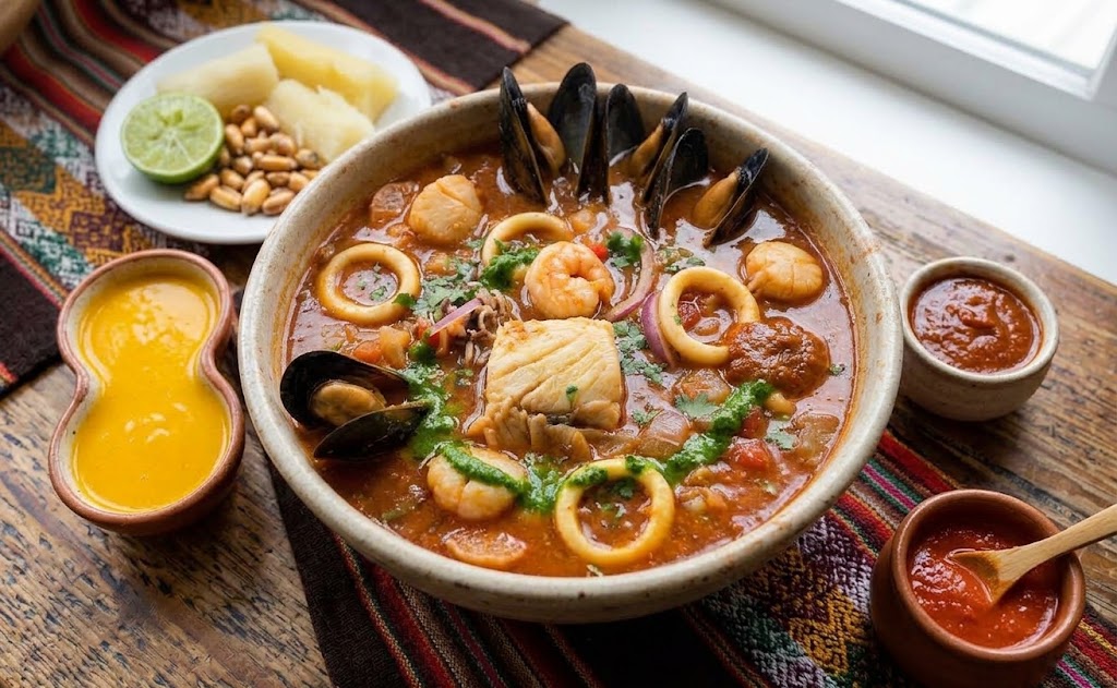 Peruvian Seafood Soup with sauces