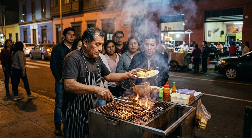 Street vendor grilling anticuchos skewers on a busy Lima street at night with customers waiting