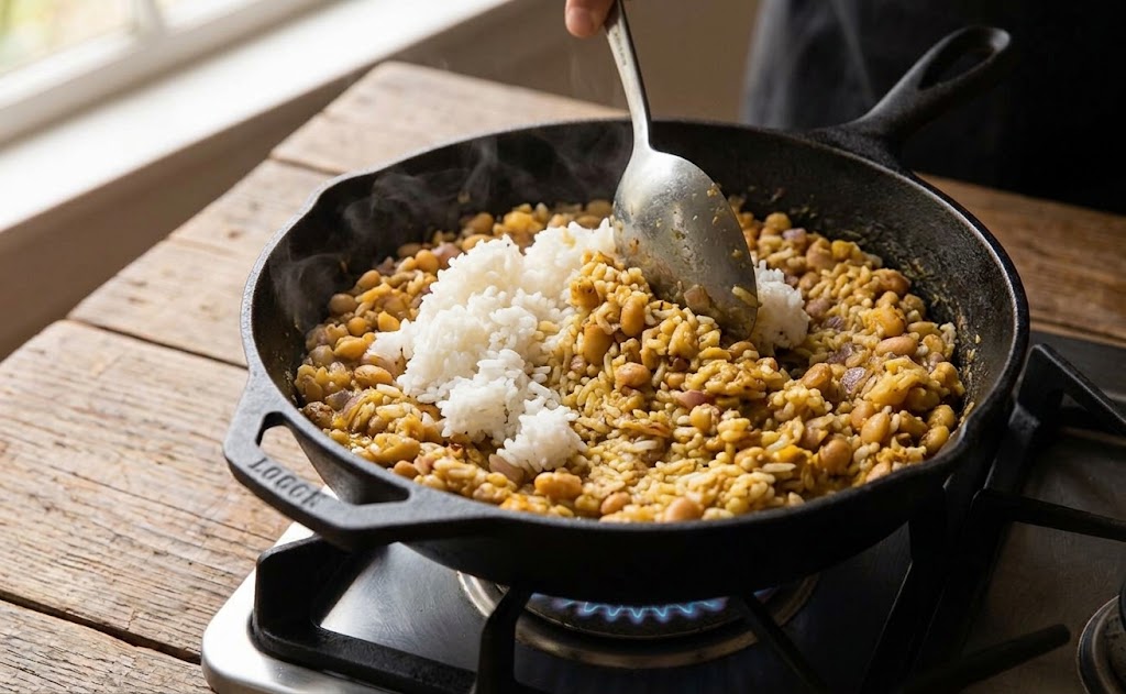 cooked rice to the pan