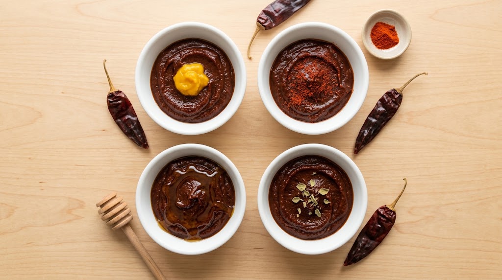 Four bowls of aji panca paste with different add-ins like aji amarillo, paprika, honey and oregano