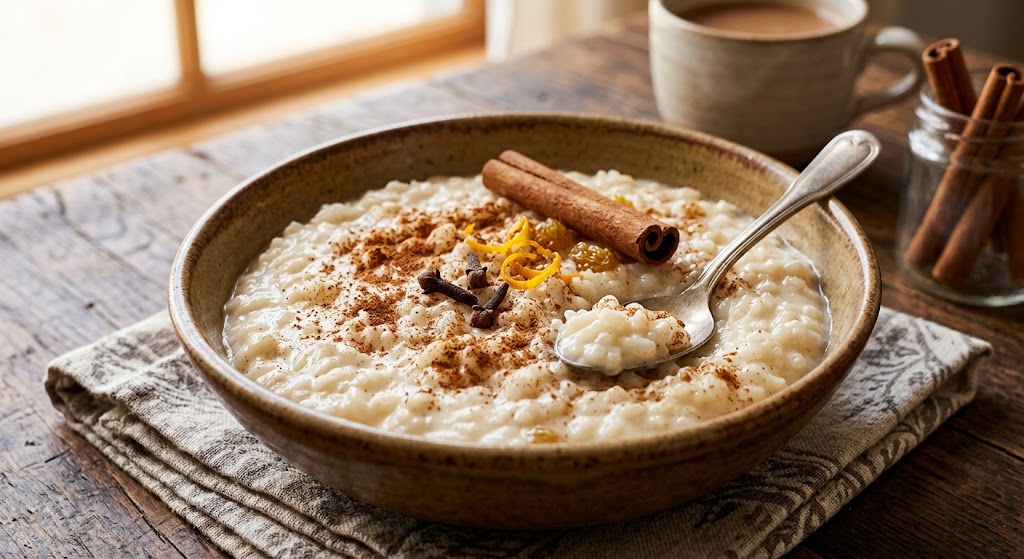 Arroz con Leche Peruano is a creamy rice pudding flavored with cinnamon and cloves.