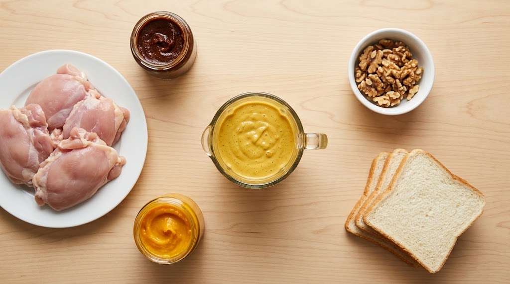 Chicken thighs, two chili pastes, toasted walnuts, bread and golden sauce in a blender jar