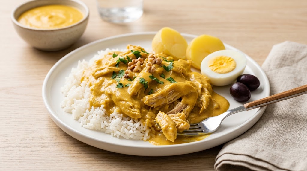 Aji de gallina with chicken thighs in creamy yellow sauce over rice with potato and egg