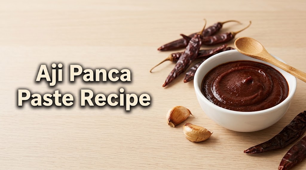 Aji panca paste recipe: homemade dark red chili paste in a white bowl with dried chilies
