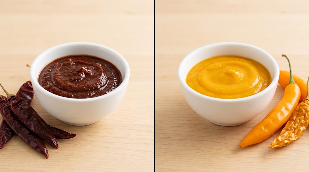 Aji panca paste and aji amarillo paste side by side, dark red and bright yellow