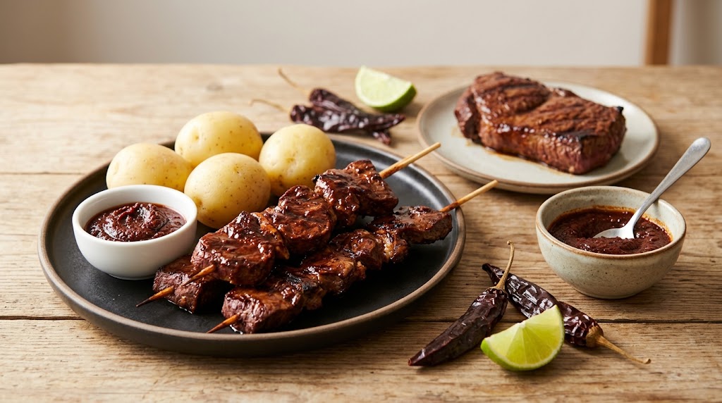 Grilled anticuchos and steak marinated with aji panca paste, served with potatoes and lime