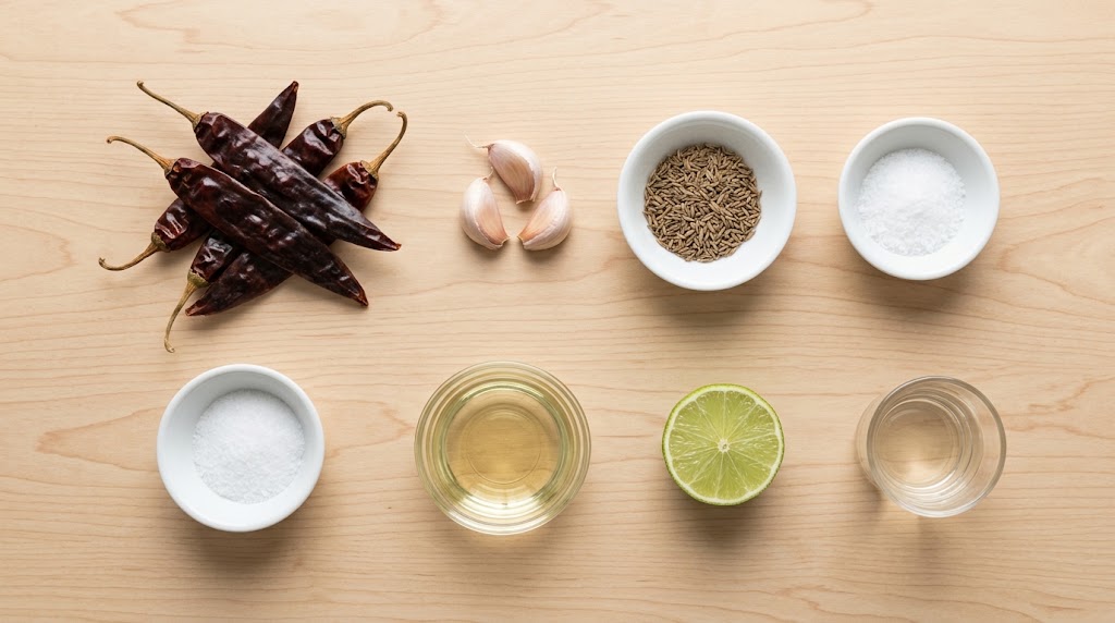 Ingredients for aji panca paste: dried chilies, garlic, cumin, lime, oil, vinegar and salt