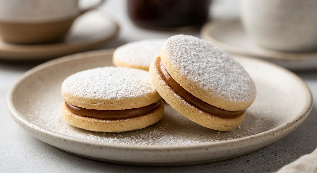 Alfajores Peruanos are tender sandwich cookies filled with manjar blanco