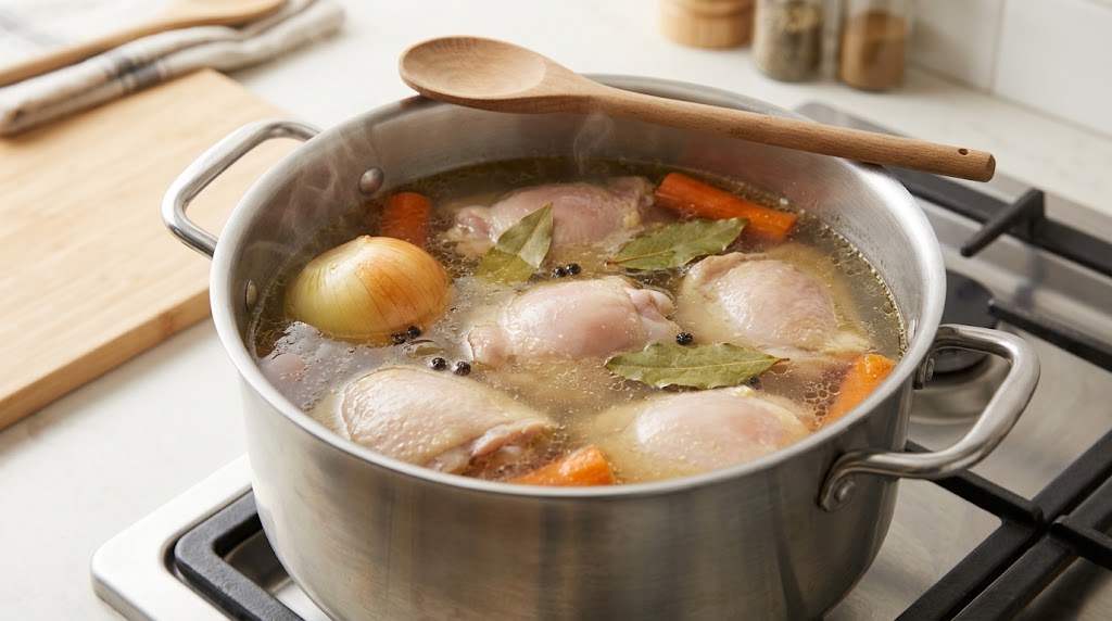 Boneless chicken thighs poaching in a pot with onion, carrot and bay leaves
