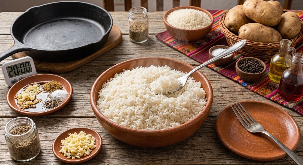 Fluffy cooked white rice in a terracotta bowl with a fork,