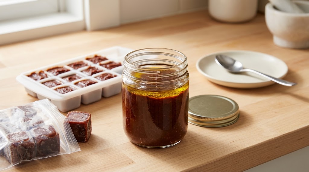 Aji panca paste in a glass jar and frozen in an ice cube tray for storage